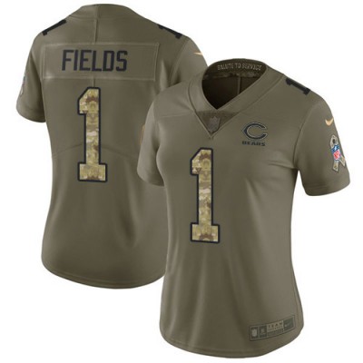 Nike Chicago Bears #1 Justin Fields OliveCamo Women's Stitched NFL Limited 2017 Salute To Service Jersey